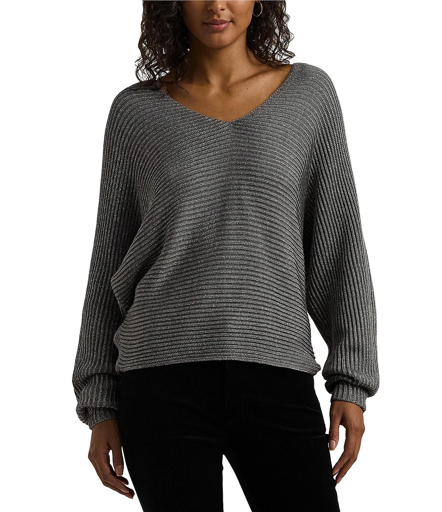 Lauren Ralph Lauren Metallic Rib-Knit V-Neck Long Dolman Sleeve Dropped Shoulder Sweater