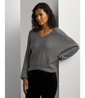 Lauren Ralph Lauren Metallic Rib-Knit V-Neck Long Dolman Sleeve Dropped Shoulder Sweater