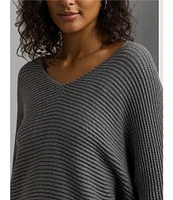 Lauren Ralph Lauren Metallic Rib-Knit V-Neck Long Dolman Sleeve Dropped Shoulder Sweater