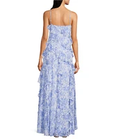 Lauren Ralph Lauren Mistbe Printed V-Neck Sleeveless Ruffle Trim Georgette A-Line Maxi Dress