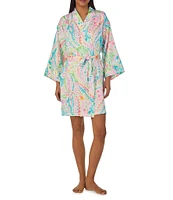 Lauren Ralph Lauren Multi Paisley Print 3/4 Sleeve Satin Kimono Short Robe
