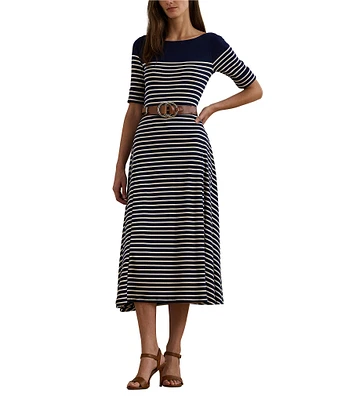 Lauren Ralph Lauren Munzie Stripe Print Knit Boat Neck Elbow Length Sleeve Side Panel Fit & Flare Midi Dress