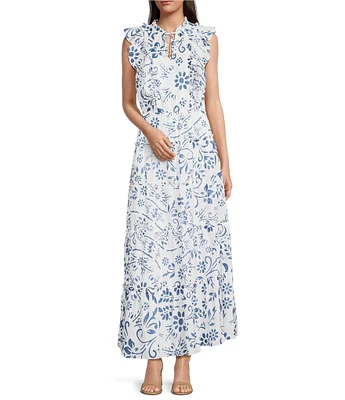 Lauren Ralph Lauren Narellea Cotton Voile Floral V-Neck Short Flutter Sleeve A-Line Tiered Ruffle Trim Maxi Dress