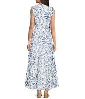 Lauren Ralph Lauren Narellea Cotton Voile Floral V-Neck Short Flutter Sleeve A-Line Tiered Ruffle Trim Maxi Dress