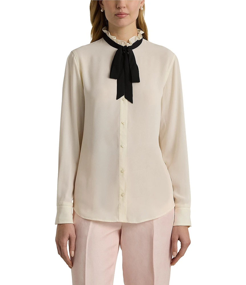 Lauren Ralph Lauren Nerlacey Bow Ruffle Neck Long Sleeve Button Front Blouse