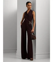 Lauren Ralph Lauren Padlock Charm and Chain Stretch Jersey Surplice Neck Sleeveless Jumpsuit