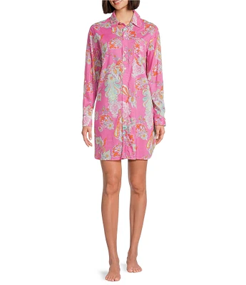 Lauren Ralph Lauren Paisley Print Long Roll Tab Sleeve Notch Collar Woven Button Front Sleepshirt