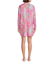 Lauren Ralph Lauren Paisley Print Long Roll Tab Sleeve Notch Collar Woven Button Front Sleepshirt