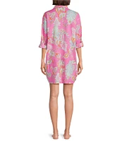 Lauren Ralph Lauren Paisley Print Long Roll Tab Sleeve Notch Collar Woven Button Front Sleepshirt