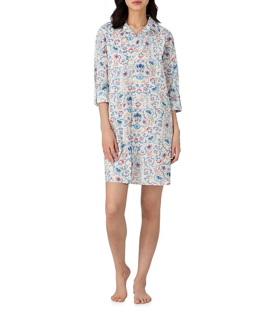 Lauren Ralph Lauren Paisley Print Long Sleeve Roll Tab Notch Collar Woven Nightshirt