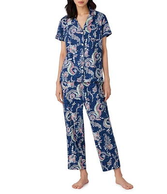 Lauren Ralph Lauren Navy Paisley Print Short Sleeve Notch Collar Knit Cropped Pajama Set