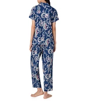 Lauren Ralph Lauren Navy Paisley Print Short Sleeve Notch Collar Knit Cropped Pajama Set