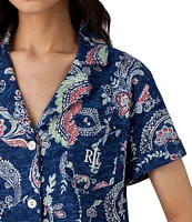 Lauren Ralph Lauren Navy Paisley Print Short Sleeve Notch Collar Knit Cropped Pajama Set