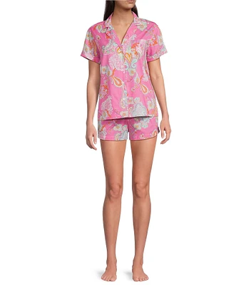 Lauren Ralph Lauren Paisley Print Short Sleeve Notch Collar Woven Boxer Pajama Set