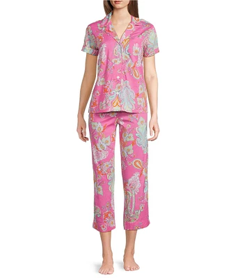 Lauren Ralph Lauren Paisley Print Short Sleeve Notch Collar Woven Cropped Pajama Set
