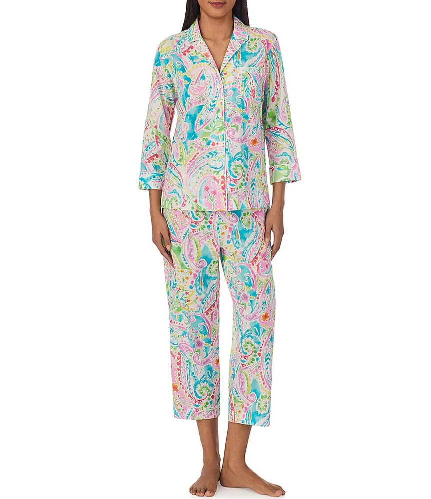 Lauren Ralph Lauren Petite Size 3/4 Sleeve Notch Collar Woven Multi Paisley Cropped Pajama Set