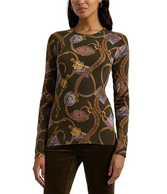 Lauren Ralph Lauren Petite Size Belting-Print Stretch Crew Neck Long Sleeve Tee