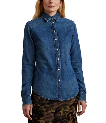 Lauren Ralph Lauren Petite Size Classic Fit Denim Point Collar Long Sleeve Button-Front Shirt