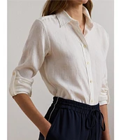 Lauren Ralph Lauren Petite Size Collared Long Sleeve Pleated Cuff Button Front Shirt