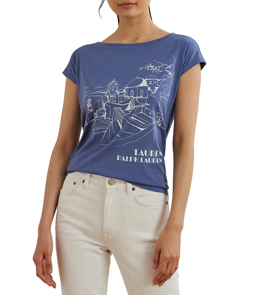 Lauren Ralph Lauren Petite Size Cotton Blend Jersey Boat Neck Short Sleeve Graphic T-Shirt