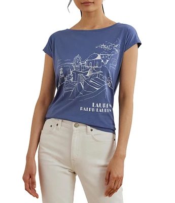 Lauren Ralph Lauren Petite Size Cotton Blend Jersey Boat Neck Short Sleeve Graphic T-Shirt