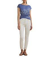 Lauren Ralph Lauren Petite Size Cotton Blend Jersey Boat Neck Short Sleeve Graphic T-Shirt