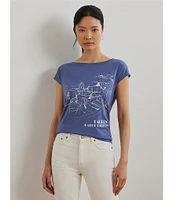 Lauren Ralph Lauren Petite Size Cotton Blend Jersey Boat Neck Short Sleeve Graphic T-Shirt