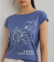 Lauren Ralph Lauren Petite Size Cotton Blend Jersey Boat Neck Short Sleeve Graphic T-Shirt