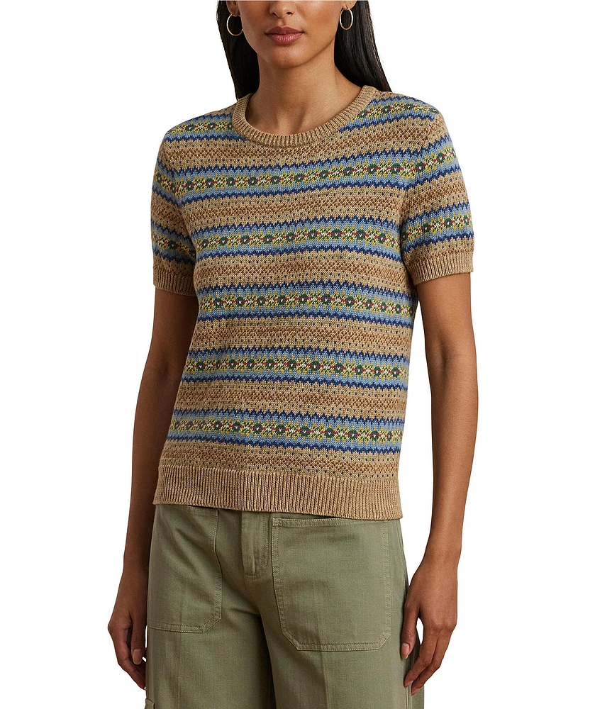 Lauren Ralph Lauren Petite Size Cotton-Blend Printed Ribbed Crew Neck Short Sleeve Sweater