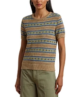 Lauren Ralph Lauren Petite Size Cotton-Blend Printed Ribbed Crew Neck Short Sleeve Sweater