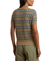 Lauren Ralph Lauren Petite Size Cotton-Blend Printed Ribbed Crew Neck Short Sleeve Sweater