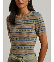 Lauren Ralph Lauren Petite Size Cotton-Blend Printed Ribbed Crew Neck Short Sleeve Sweater