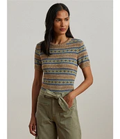 Lauren Ralph Lauren Petite Size Cotton-Blend Printed Ribbed Crew Neck Short Sleeve Sweater