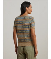 Lauren Ralph Lauren Petite Size Cotton-Blend Printed Ribbed Crew Neck Short Sleeve Sweater