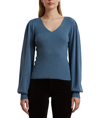 Lauren Ralph Lauren Petite Size Cotton-Blend V-Neck Long Blouson Sleeve Sweater