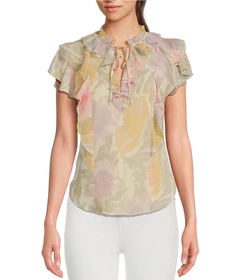 Lauren Ralph Lauren Petite Size Crinkle Georgette Floral Ruffled V-Neck Short Sleeve Blouse