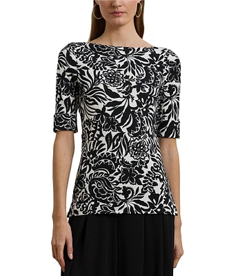 Lauren Ralph Lauren Petite Size Embroidered Floral Boat Neck Elbow Sleeve Tee