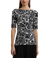 Lauren Ralph Lauren Petite Size Embroidered Floral Boat Neck Elbow Sleeve Tee