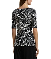 Lauren Ralph Lauren Petite Size Embroidered Floral Boat Neck Elbow Sleeve Tee