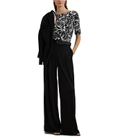 Lauren Ralph Lauren Petite Size Embroidered Floral Boat Neck Elbow Sleeve Tee