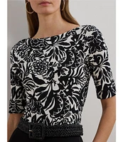 Lauren Ralph Lauren Petite Size Embroidered Floral Boat Neck Elbow Sleeve Tee