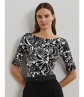 Lauren Ralph Lauren Petite Size Embroidered Floral Boat Neck Elbow Sleeve Tee