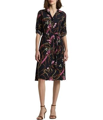 Lauren Ralph Lauren Petite Size Equestrian-Inspired Crepe de Chine Roll-Tab Sleeve Button Front Tie Waist Shirt Dress