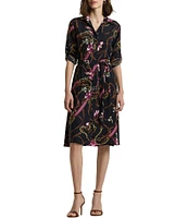 Lauren Ralph Lauren Petite Size Equestrian-Inspired Crepe de Chine Roll-Tab Sleeve Button Front Tie Waist Shirt Dress