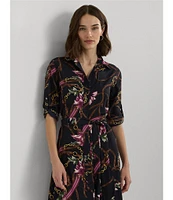 Lauren Ralph Lauren Petite Size Equestrian-Inspired Crepe de Chine Roll-Tab Sleeve Button Front Tie Waist Shirt Dress