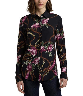 Lauren Ralph Lauren Petite Size Equestrian-Inspired Floral Print Crepe Long Sleeve Button-Front Shirt