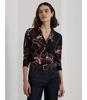 Lauren Ralph Lauren Petite Size Equestrian-Inspired Floral Print Crepe Long Sleeve Button-Front Shirt