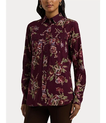 Lauren Ralph Lauren Petite Size Floral Cotton Voile Point Collar Long Sleeve Button-Front Shirt