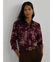 Lauren Ralph Lauren Petite Size Floral Cotton Voile Point Collar Long Sleeve Button-Front Shirt