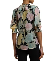 Lauren Ralph Lauren Petite Size Floral Crinkle Georgette Ruffle-Trim Blouse